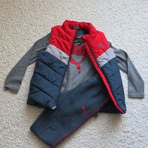 Puma Red Gray & Blue Kids' Outfit - Longsleeve T-shirt, Joggers and Vest